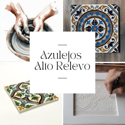 Azulejos decorativos em alto relevo, mão moldando barro e desenho em azulejo branco.