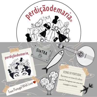 Logótipo e elementos culturais portugueses em fundo cinzento