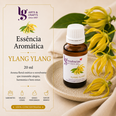 Frasco de essência aromática Ylang Ylang com flores amarelas e texto promocional