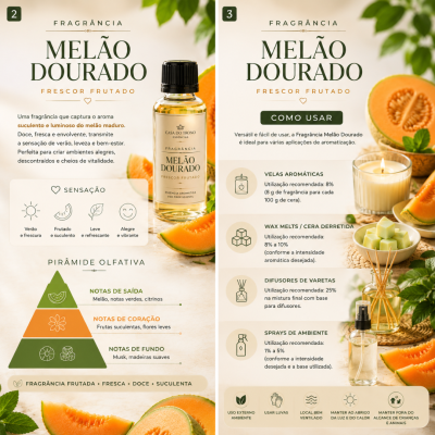 Frasco de essência aromática Melão Dourado da Casa do Trono com melão dourado ao redor e informações sobre uso e fragrância