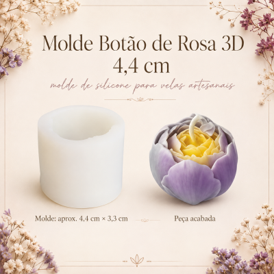 Molde de silicone para vela em forma de botão de rosa 3D com flores secas ao redor