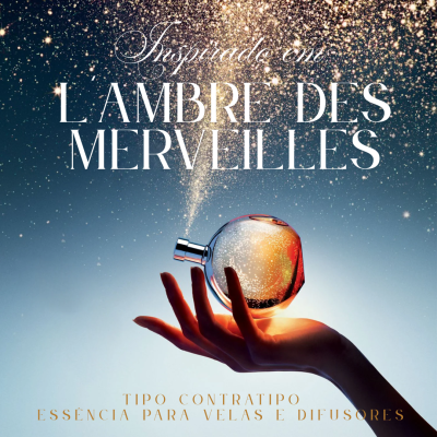 Frasco redondo de vidro com essência para velas e difusores, partículas brilhantes saindo, fundo azul e brilhos dourados