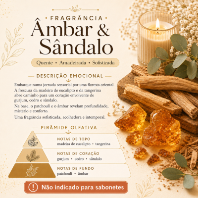 Descrição da fragrância Âmbar & Sândalo com pirâmide olfativa e aviso sobre sabonetes