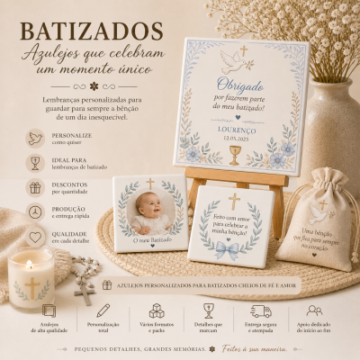 Azulejos personalizados para batizados com desenhos florais e textos em português junto a velas e saco decorado