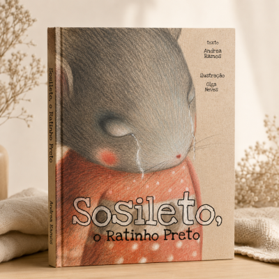 Capa de livro infantil com ilustração de rato a chorar e título Sosileto, o Ratinho Preto.