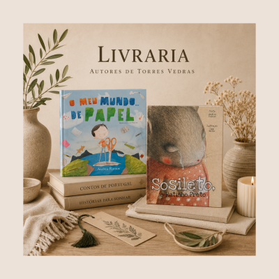 Livros infantis com decoração natural e vela sobre mesa de madeira clara