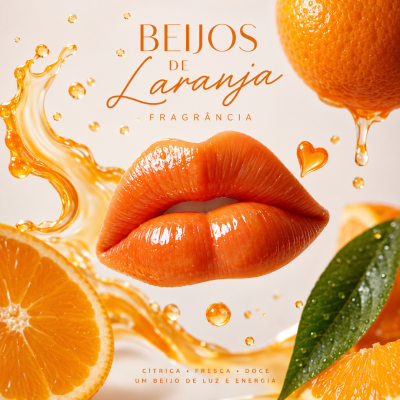 Lábios laranja brilhantes com fatias de laranja, gotas de líquido e folha verde com texto promocional