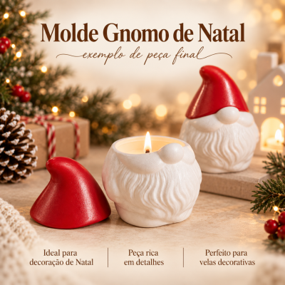 Molde de gnome de Natal em cerâmica branca com chapéu vermelho e vela acesa