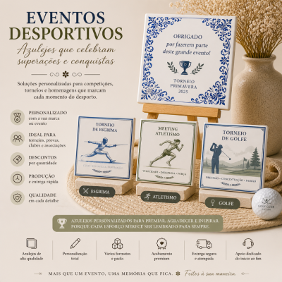 Azulejos personalizados para eventos desportivos com ilustrações de esgrima, atletismo e golfe, em exposição sobre suporte de madeira e tecido.}