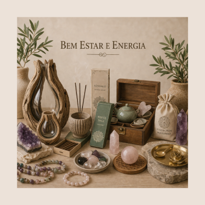 Conjunto de produtos de bem-estar com incensos, cristais, pulseiras, caixa de chávena, vasos decorativos e plantas ao fundo.
