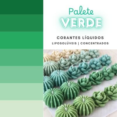 Palete de corantes líquidos verdes e velas decorativas verdes em forma de suculentas e cactos