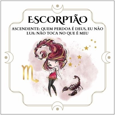 Ilustração signo Escorpião com personagem feminina e escorpião, texto em português