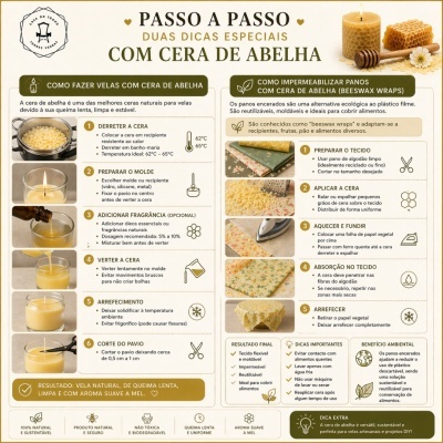 Folheto instrucional sobre cera de abelha com fotos e texto explicativo.