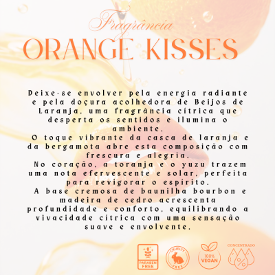Texto promocional da fragrância Orange Kisses em fundo com laranja e gotas
