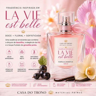 Frasco de perfume rosa com flores e texto promocional em português