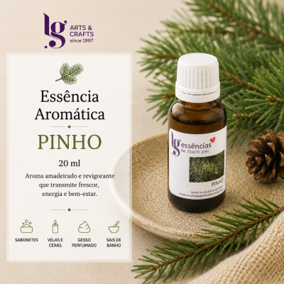 Frasco de essência aromática de pinho com rótulo e texto explicativo ao lado
