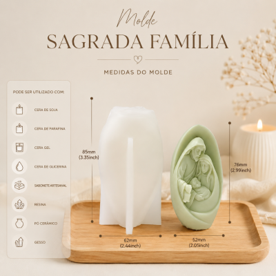 Molde branco e vela verde com relevo da Sagrada Família em tabuleiro de madeira, com texto informativo e medidor de dimensões.