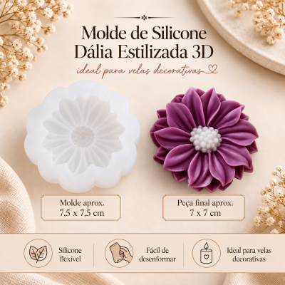 Molde de silicone branco e peça roxa em forma de flor dália 3D sobre fundo bege com flores secas