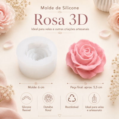Molde de silicone branco com rosa 3D rosa e texto descritivo em fundo bege