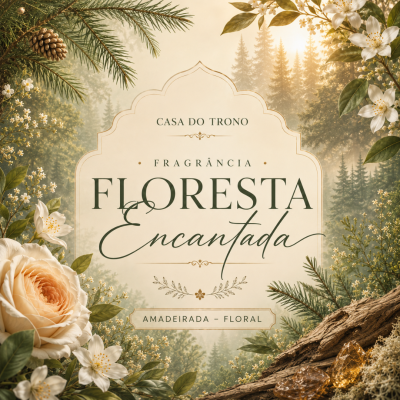 Título de fragrância Floresta Encantada com tema floral e madeira natural