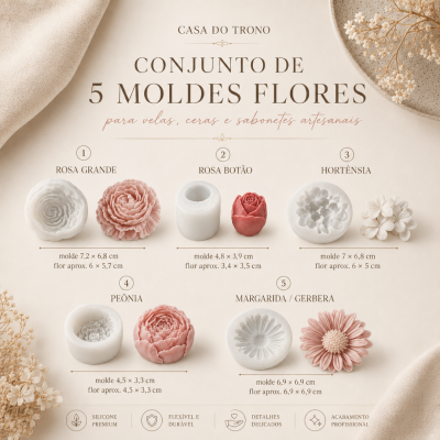 Conjunto de 5 moldes de silicone para flores, com tamanhos e formas detalhados, em fundo bege com flores secas.