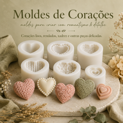 Moldes de silicone brancos em forma de coração com diferentes texturas e corações decorativos coloridos numa mesa com flores secas