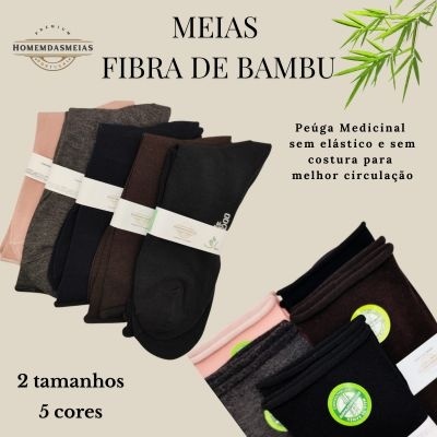 Conjunto de meias de fibra de bambu em várias cores com etiquetas, texto promocional em português ao lado