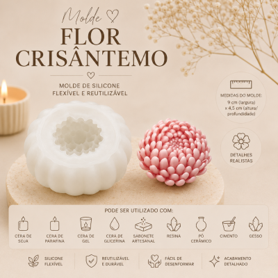 Molde silicone branco em forma de flor crisântemo com flor rosa feita no molde, texto em português e fundo bege.