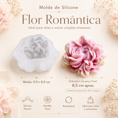 Molde de silicone branco e peça em forma de flor rosa, com texto informativo e fundo decorativo claro.