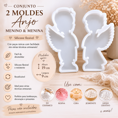 Conjunto de 2 moldes anjo menino e menina em silicone branco