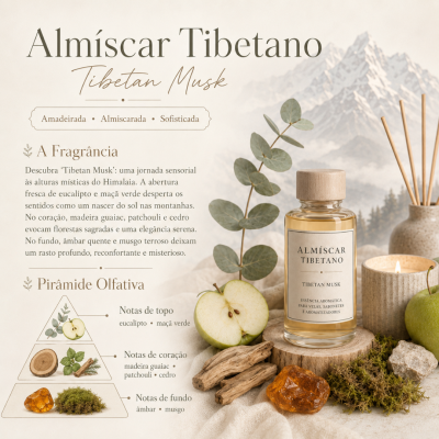 Frasco de essência aromática Almíscar Tibetano com elementos naturais e vela acesa em fundo de montanhas