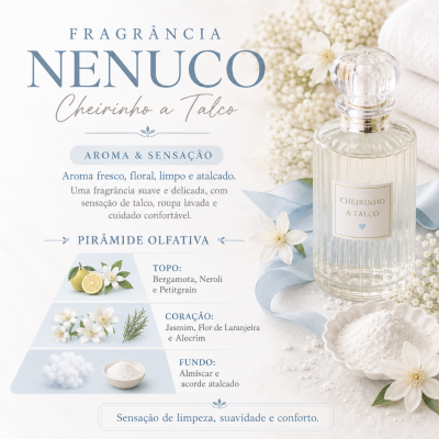 Fragrância Nenuco Cheirinho a Talco em frasco de vidro com flores e pó branco