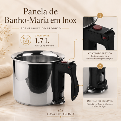 Panela de banho-maria inox com alça preta e botões vermelhos
