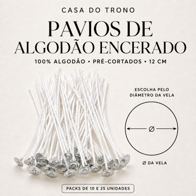Pavios de algodão encerado branco com base metálica prateada sobre fundo claro com texto descritivo.