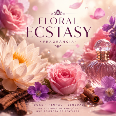 Frasco rosa de perfume com flores coloridas e texto Floral Ecstasy Fragrância