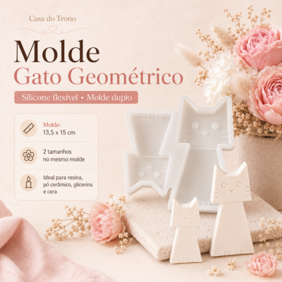 Molde de silicone branco em forma de gato geométrico com duas medidas e figuras de gato ao lado, em ambiente com flores rosas.
