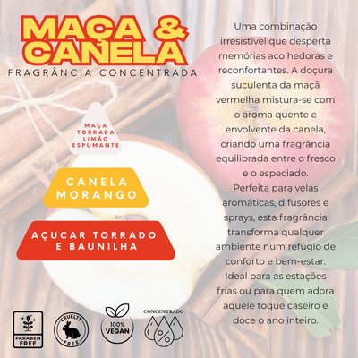 Rótulo para fragrância concentrada Maçã & Canela com texto descritivo, destaca ingredientes e ícones de certificação.