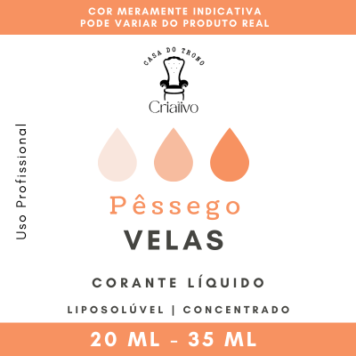 Rótulo de corante líquido para velas, sabor pêssego, com texto e indicação de volume em fundo branco e laranja