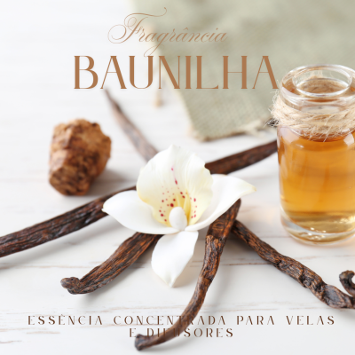 Frasco de essência de baunilha com vagens e flor branca sobre fundo claro