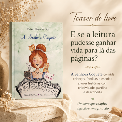 Capa do livro A Senhora Coquete com ilustração de mulher e gatos, texto promocional ao lado em verde e azul