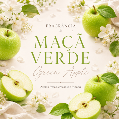 Maçãs verdes frescas e flores brancas com texto publicitário de fragrância de maçã verde