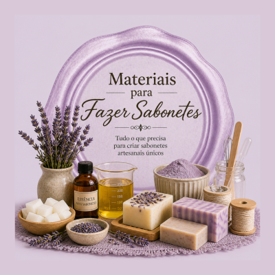 Materiais para fazer sabonetes com sabonetes, lavanda, essências, potes e utensílios sobre tecido lilás