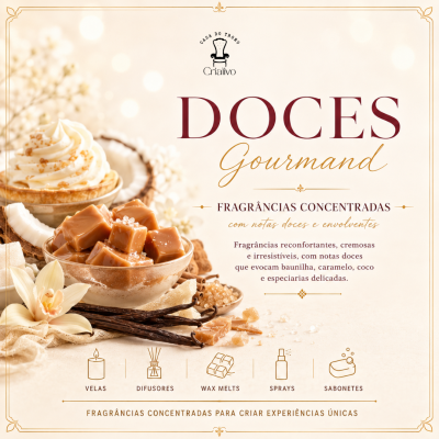 Promoção de fragrâncias concentradas Doces Gourmand Casa do Trono Criativo com notas de baunilha, caramelo, coco e especiarias.