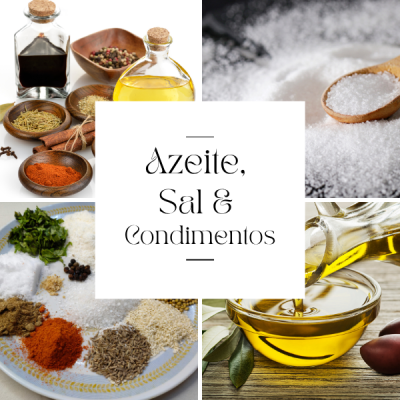 Azeite, sal grosso e diversos condimentos em recipientes de vidro, madeira e prato, com texto central