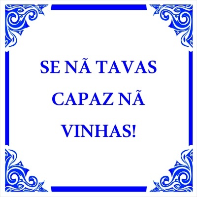 Azulejo decorativo branco e azul com texto em português