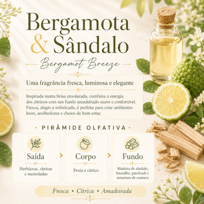 Frasco de óleo com tampa de cortiça, bergamotas verdes cortadas, flores brancas, madeira e folhas verdes em fundo claro com texto de descrição da fragrância