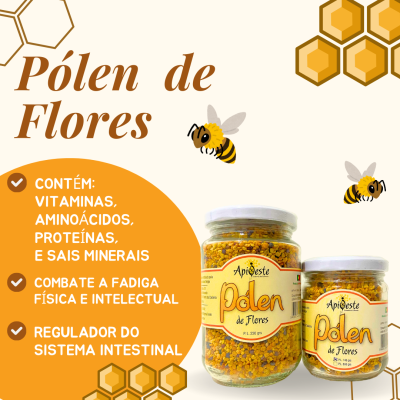 Frascos de pólen de flores com rótulos amarelos e ilustrações de abelhas e colmeias.