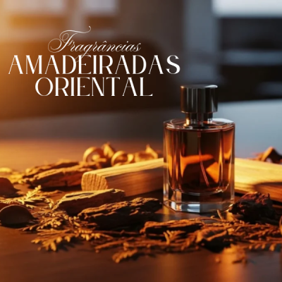 Frasco de perfume âmbar sobre folhas e madeira com texto promocional.