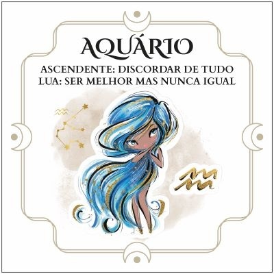 Ilustração do signo Aquário com personagem feminina e texto descritivo em português