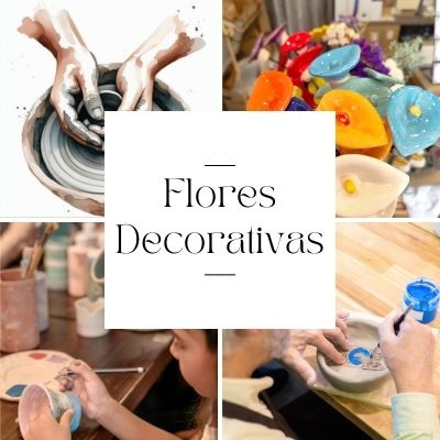 Mãos a moldar e pintar cerâmica com flores decorativas coloridas e texto central 'Flores Decorativas'